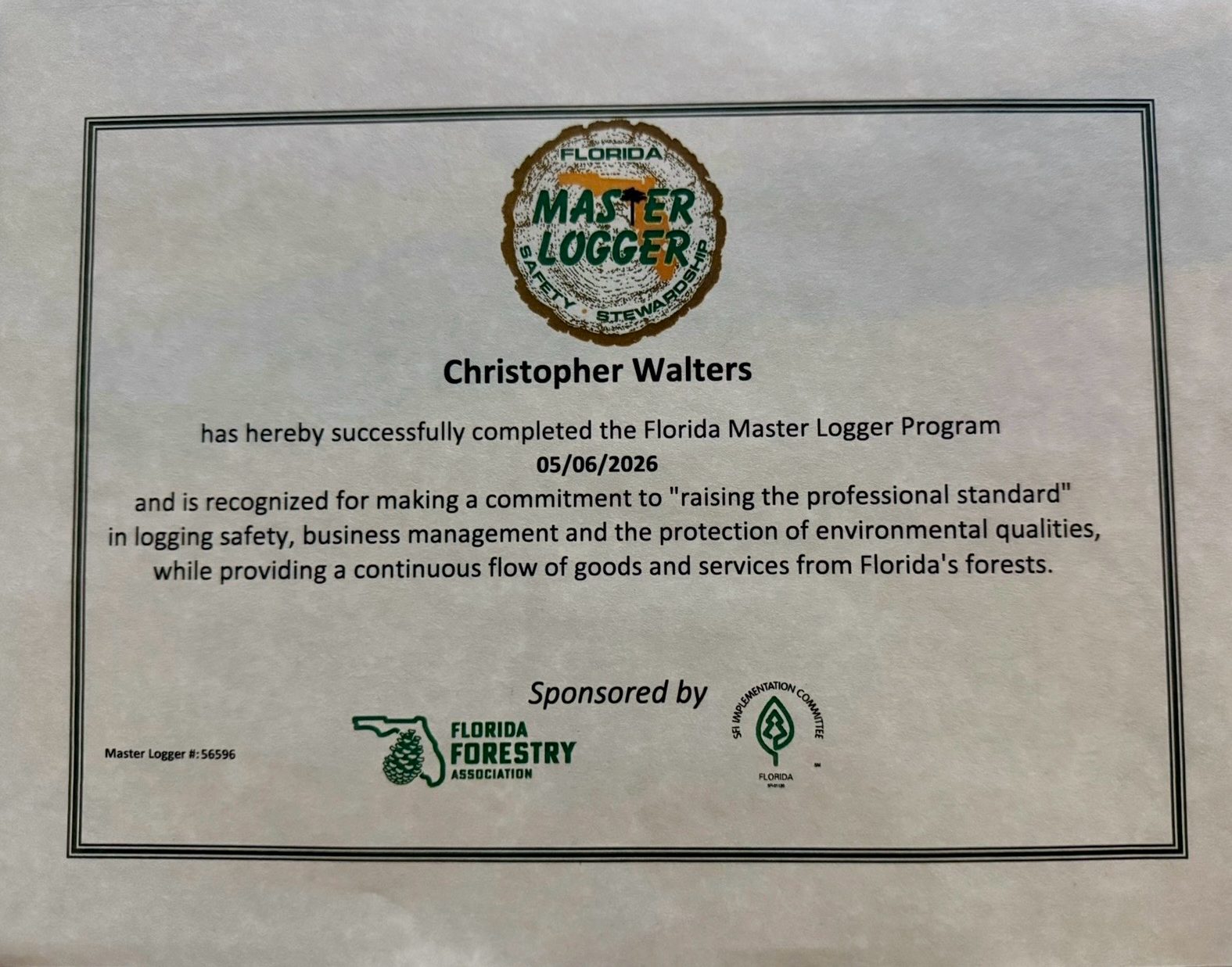 Florida state master logger certificate
